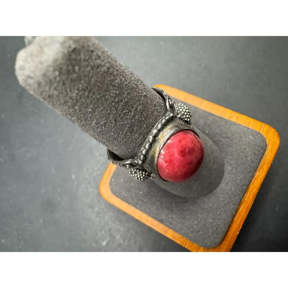Vintage Rhodonite Sterling Silver 925 Ornate Filigree Cocktail Ring Sz 8